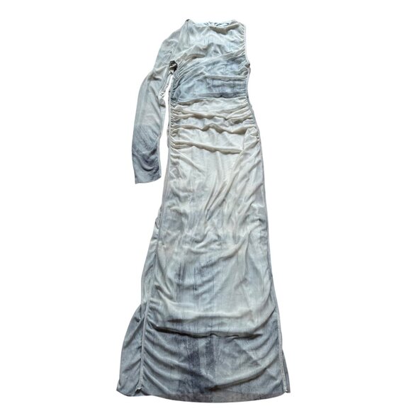 Zara Size M Beige & Gray Tie Dye Printed Tulle Ruched One Shoulder Maxi Dress - Picture 2 of 16